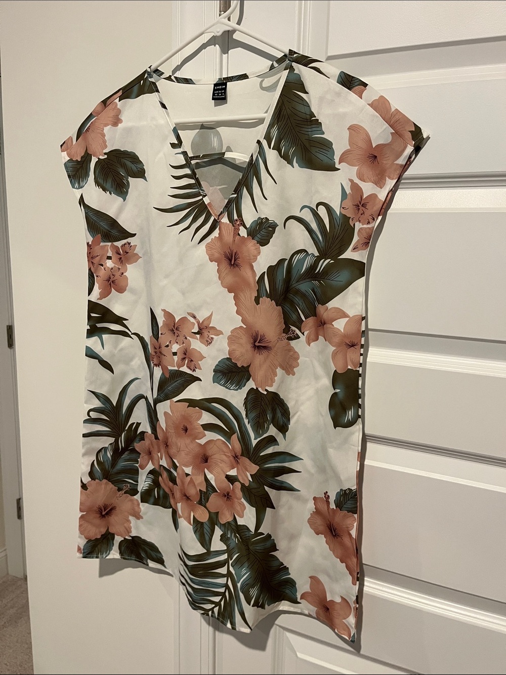SHEIN White Tunic Shift Dress with Peach Floral Print